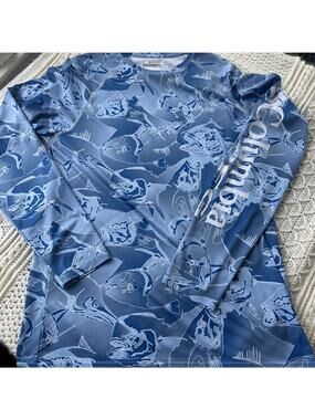 Columbia PFG Omni-shade Long Sleeve Shirt Fish Polyester Blue Mens Med